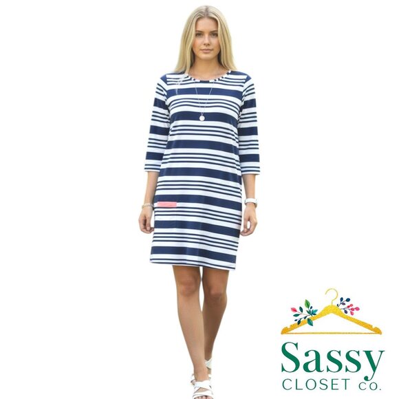 Cabana Life Dresses & Skirts - Cabana Life Navy Striped UPF 50 Dress Coral Accent Sun‑Safe Sz M EUC